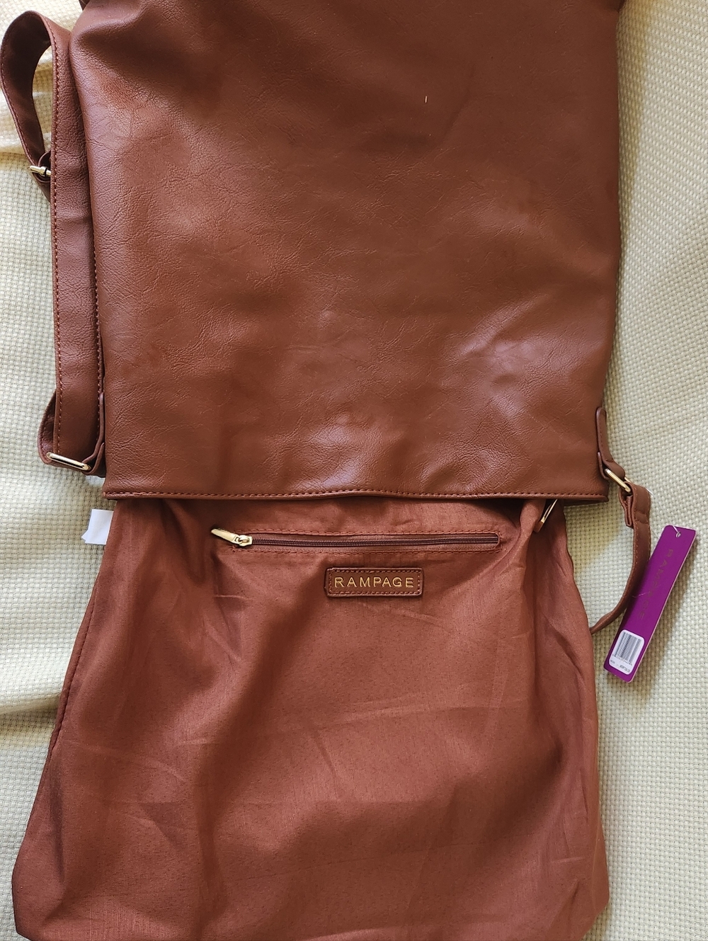 NWT Lrg Rampage Cognac Crossbody 14x14 Y2K Boho Multi Zip Whipstitch Snap Pocket - Picture 4 of 16